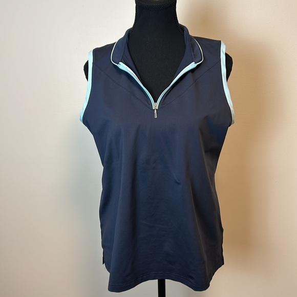 Adidas ClimaCool Navy Blue w Baby Blue Accents Sleeveless Golf Shirt Sz L - Picture 5 of 8